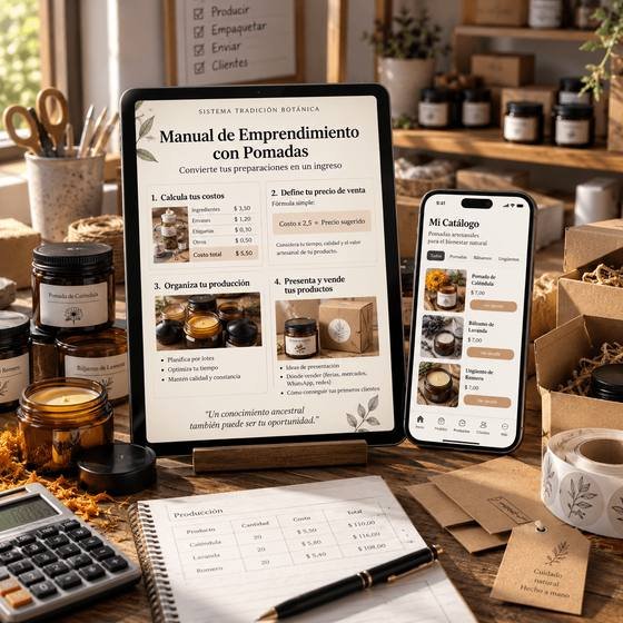 Manual de Emprendimiento con Pomadas mostrando cálculo de costos y catálogo
