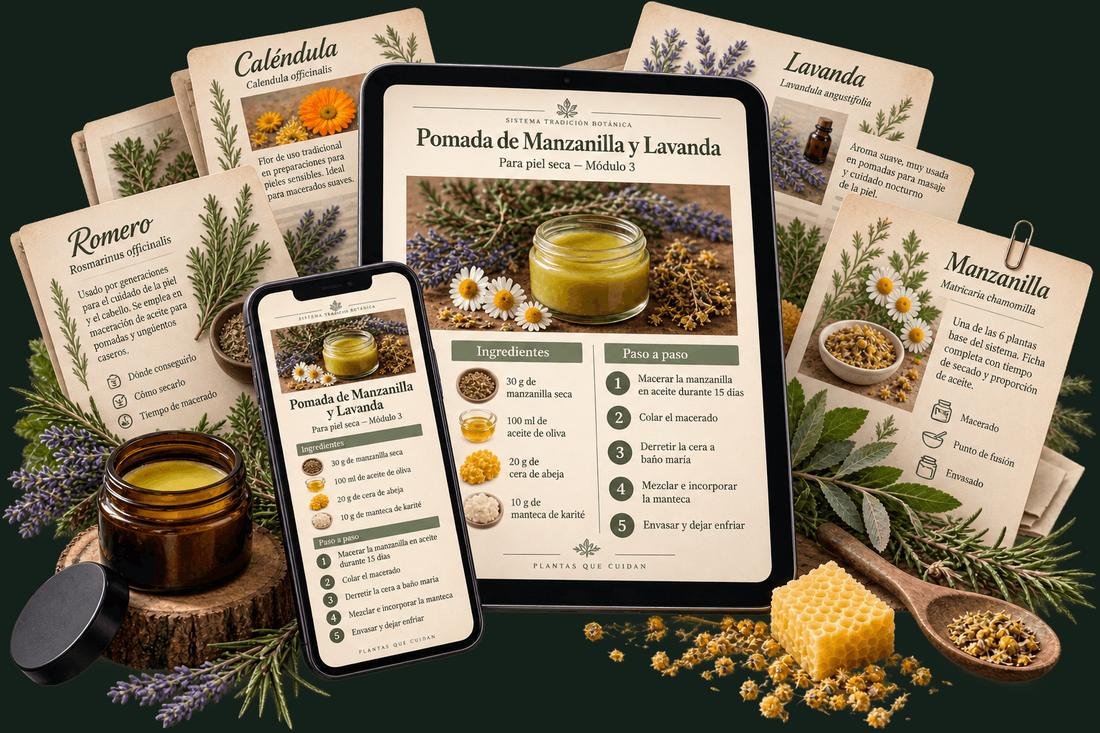 Receta de Pomada de Manzanilla y Lavanda en tablet y celular, con ingredientes y paso a paso, junto a fichas de plantas medicinales